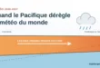 Coupe schématique du Pacifique équatorial pendant El Niño : les eaux chaudes s'étalent vers l'est et les pluies se déplacent vers le centre du Pacifique.