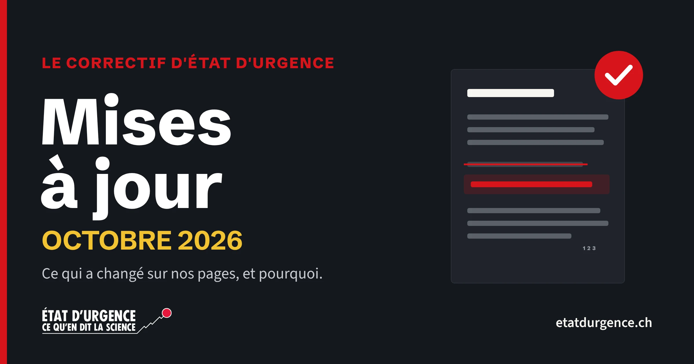 Visuel du correctif mensuel d'État d'urgence : « Mises à jour, octobre 2026 », avec une page stylisée dont une ligne est barrée et remplacée.