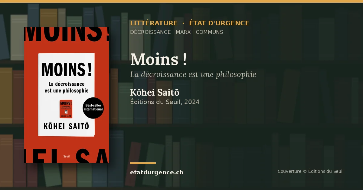 Visuel Littérature État d’urgence : couverture de « Moins ! » de Kōhei Saitō (Éditions du Seuil)